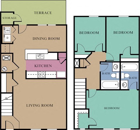 Floor plan for 3 beds, 2 baths, 1371 sqft